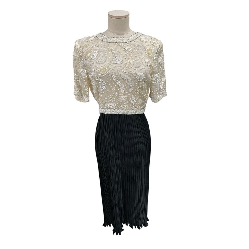 Vintage George F Couture Beaded Dress Black Pleated Size 4